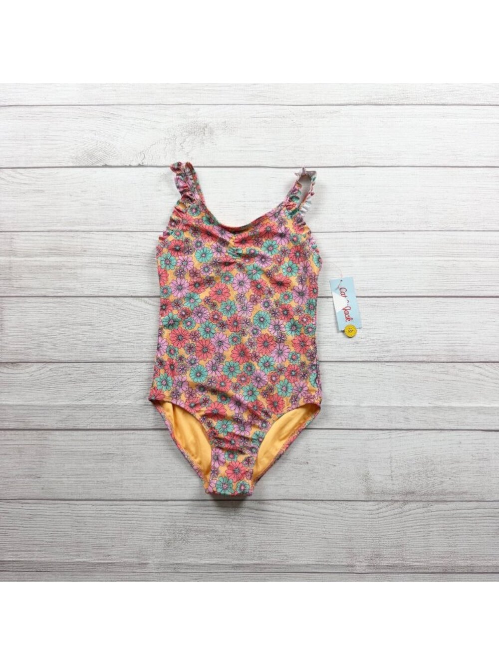 Cat & Jack Girls Floral Ruffle Strap One Piece Swimsuit Pink Yellow NWT M 8